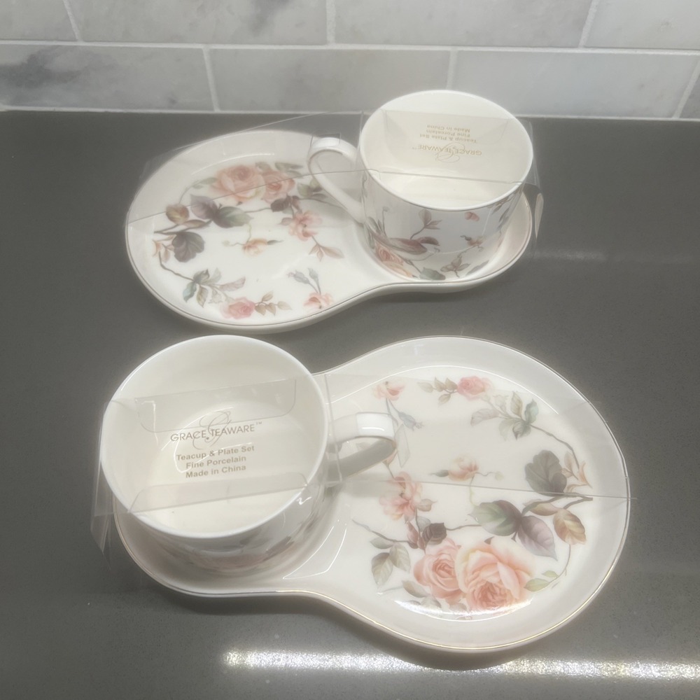 Grace Teaware Fine Porcelain Teacup & Snack Plate Magnolia &  Birds Pink New